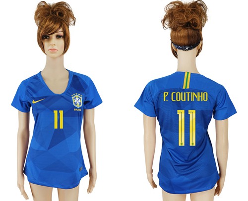Women's Brazil #11 P.Coutinho Away Soccer Country Jersey - Click Image to Close